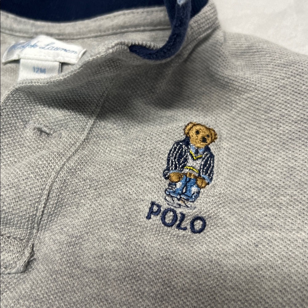 Ralph Lauren Gray Polo Bear Romper Embroidered Polo Bear Size 12 Months